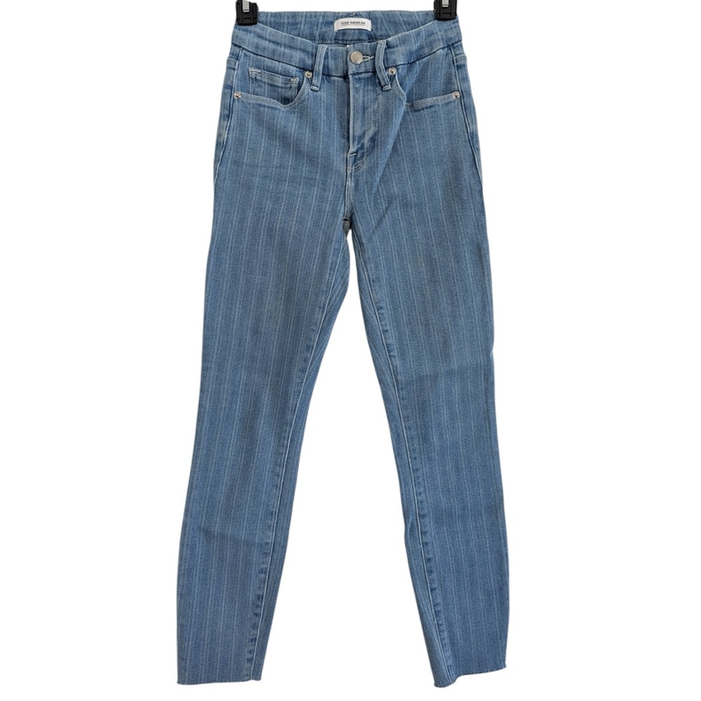 GOOD AMERICAN Good Legs Crop Stripe Jeans Skinny Raw Hem Light Wash 0/24